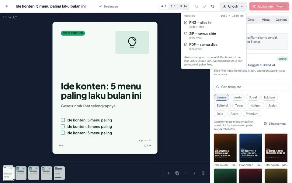 Tangkapan layar menu Unduh di studio Posto: PNG, ZIP, dan PDF.