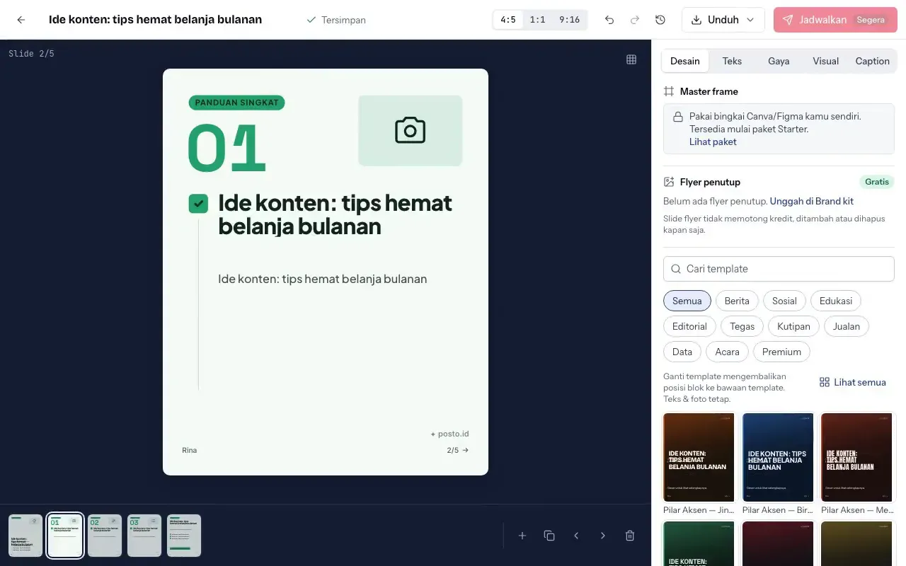 Rekaman studio Posto: slide diedit langsung di kanvas.